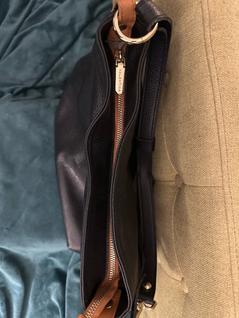 Valentina Black Pebbled Leather Shoulder Bag with Tan Accents - Picture 10 of 16